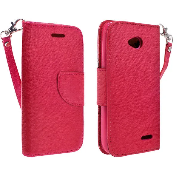 L70 | Optimus L70 | MS323 | D325 Case, Wrist Strap Flip Fold [Kickstand Feature] Pu Leather Wallet Case with ID & Credit Card Slots For L70 | Optimus L70 | MS323 | D325 - Red