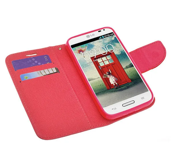 L70 | Optimus L70 | MS323 | D325 Case, Wrist Strap Flip Fold [Kickstand Feature] Pu Leather Wallet Case with ID & Credit Card Slots For L70 | Optimus L70 | MS323 | D325 - Red