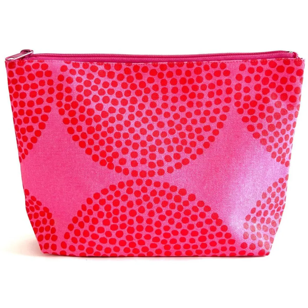 Large Canvas Zipper Pouch: Red Dotted Circles