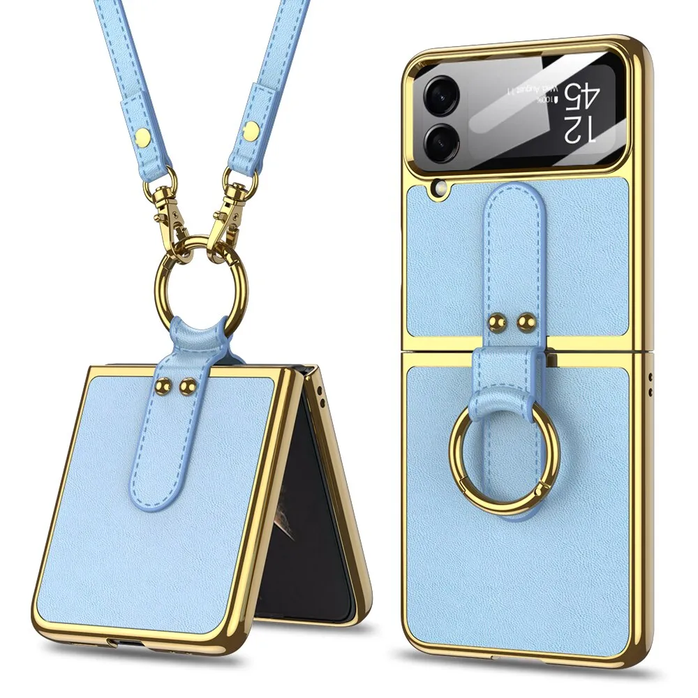 Leather Plating Ring Stand Strap Phone Case With Ring Stand For Samsung Galaxy Z Flip