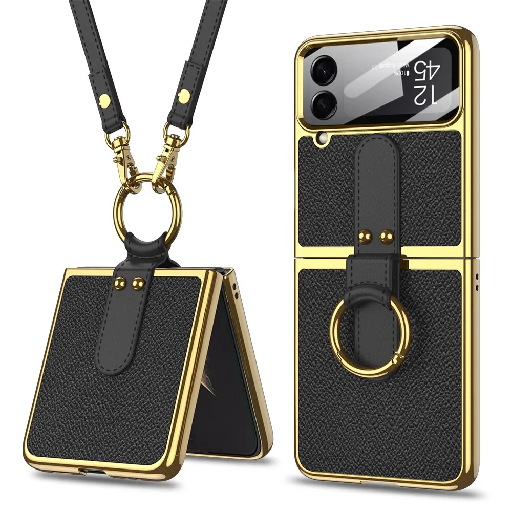 Leather Plating Ring Stand Strap Phone Case With Ring Stand For Samsung Galaxy Z Flip