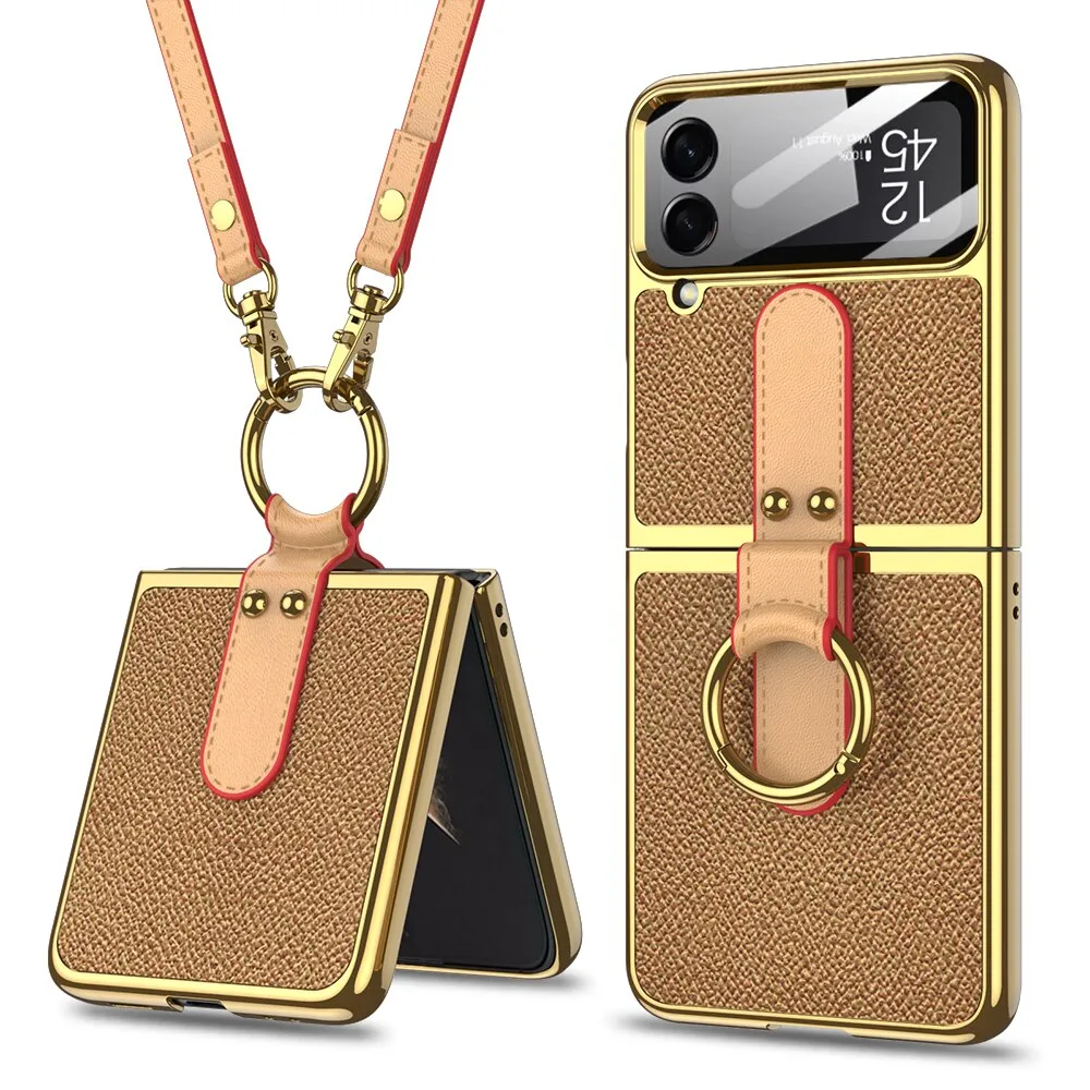 Leather Plating Ring Stand Strap Phone Case With Ring Stand For Samsung Galaxy Z Flip