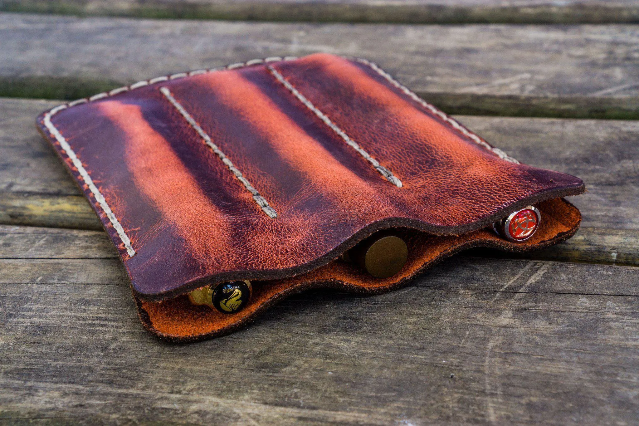 Leather Triple Fountain Pen Case / Pen Pouch - Crazy Horse Orange