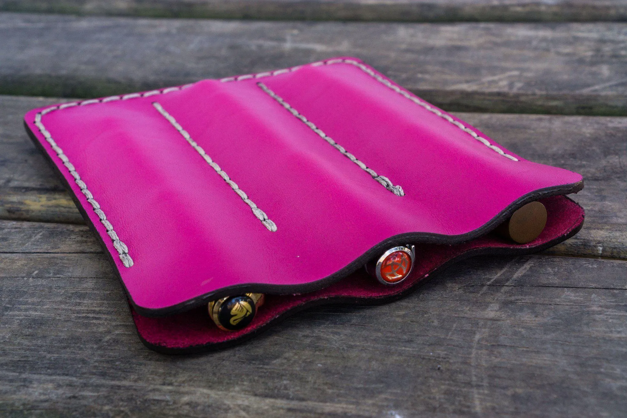 Leather Triple Fountain Pen Case / Pen Pouch - Pink