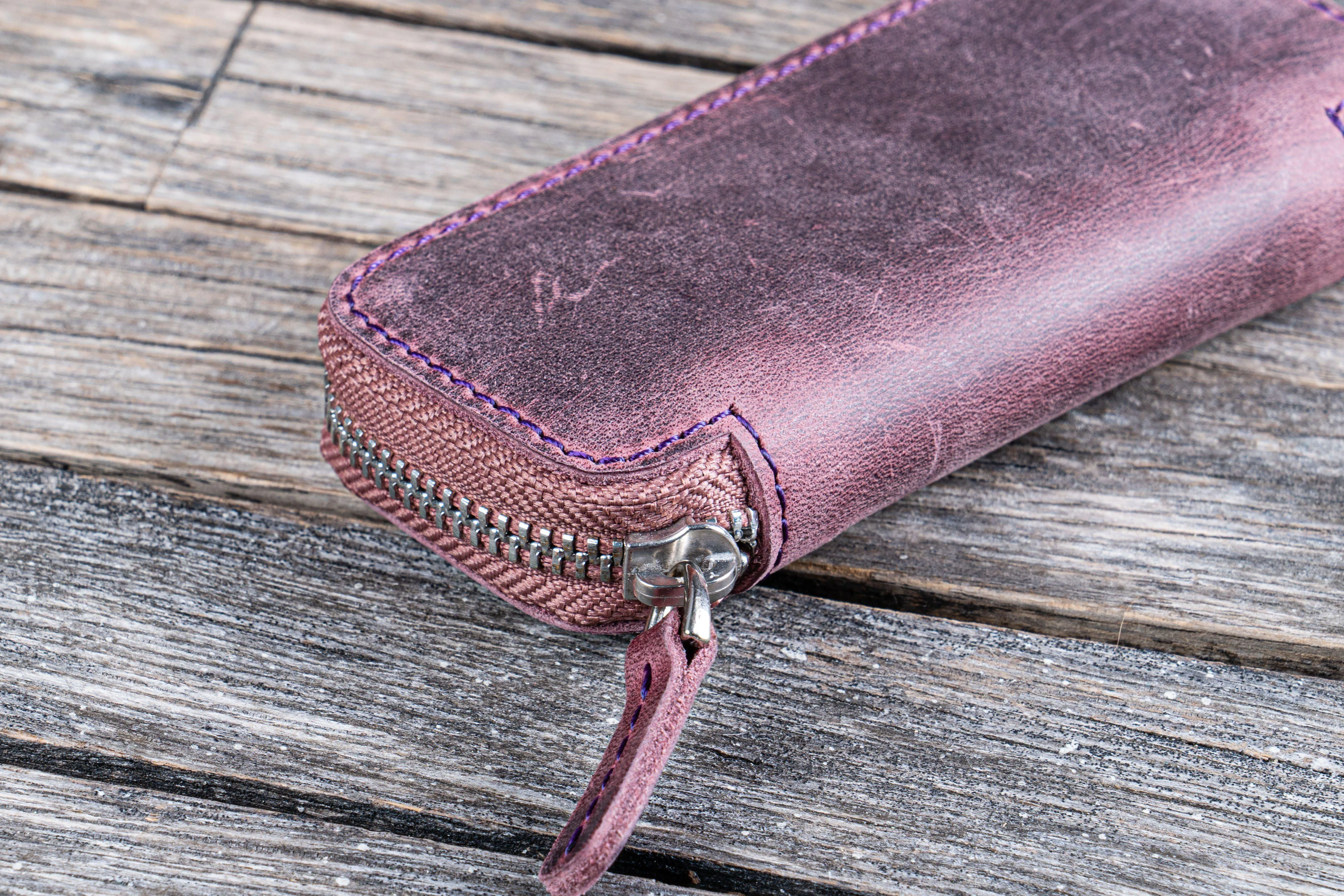 Leather Zippered Double Pen Case for Kaweco - Pocket Pen - Crazy Horse Purple