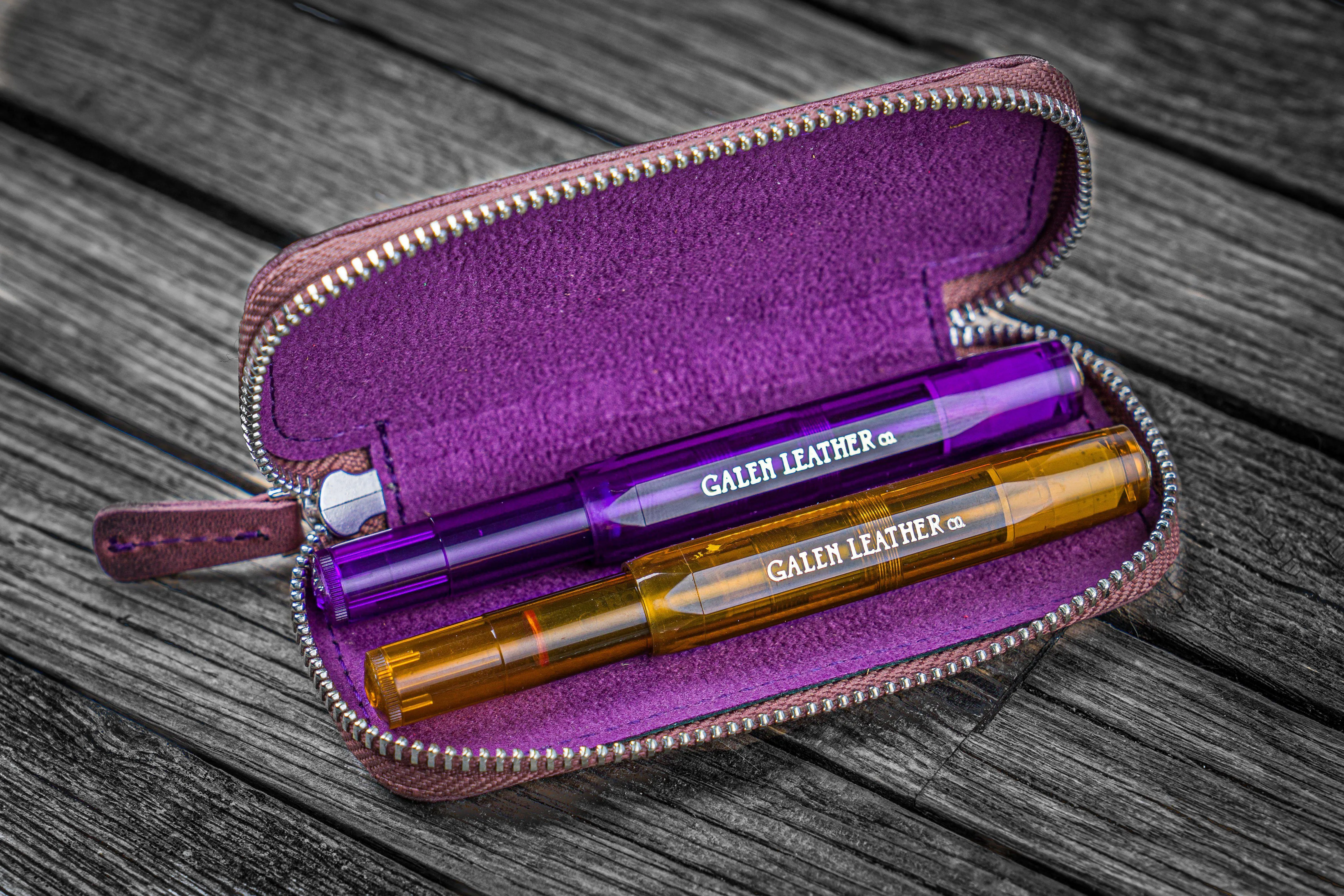 Leather Zippered Double Pen Case for Kaweco - Pocket Pen - Crazy Horse Purple