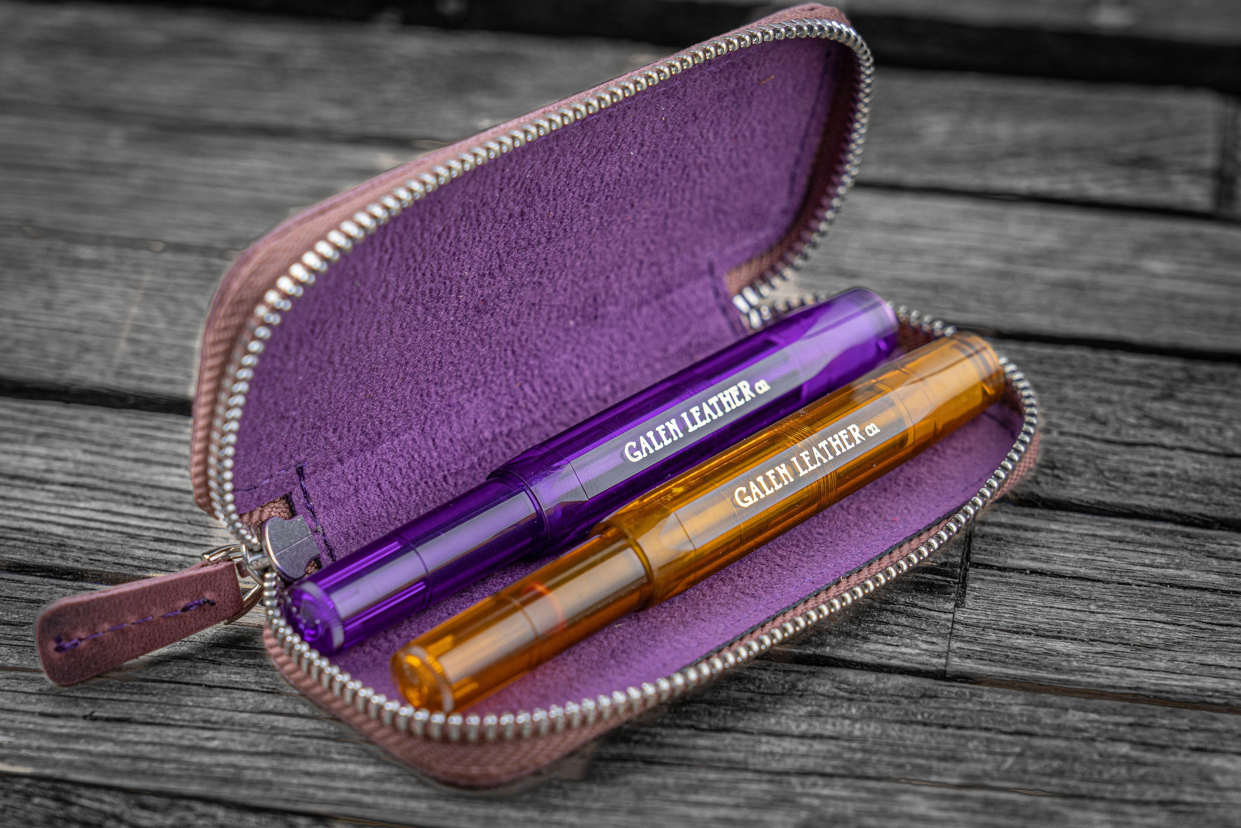 Leather Zippered Double Pen Case for Kaweco - Pocket Pen - Crazy Horse Purple