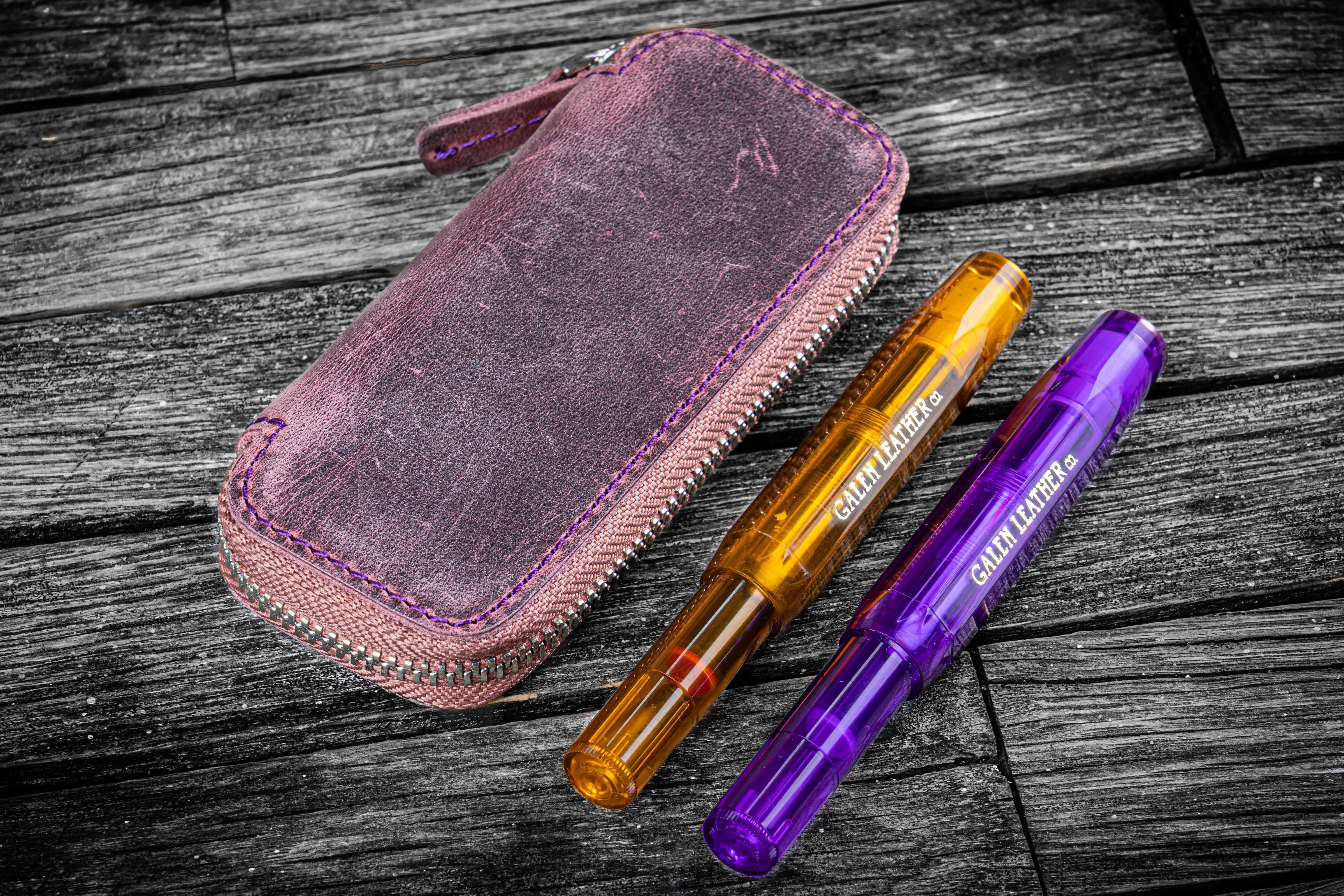 Leather Zippered Double Pen Case for Kaweco - Pocket Pen - Crazy Horse Purple