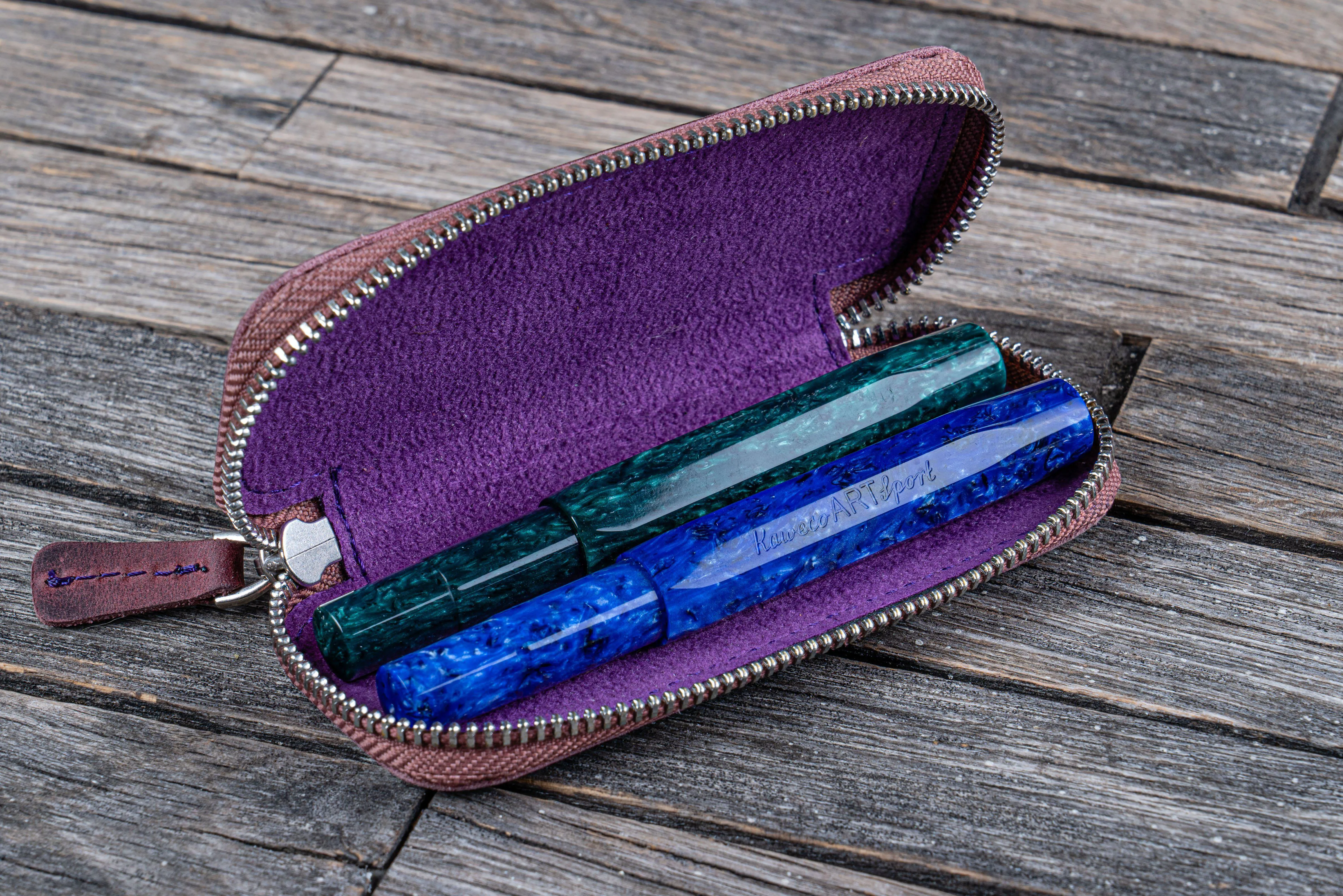 Leather Zippered Double Pen Case for Kaweco - Pocket Pen - Crazy Horse Purple