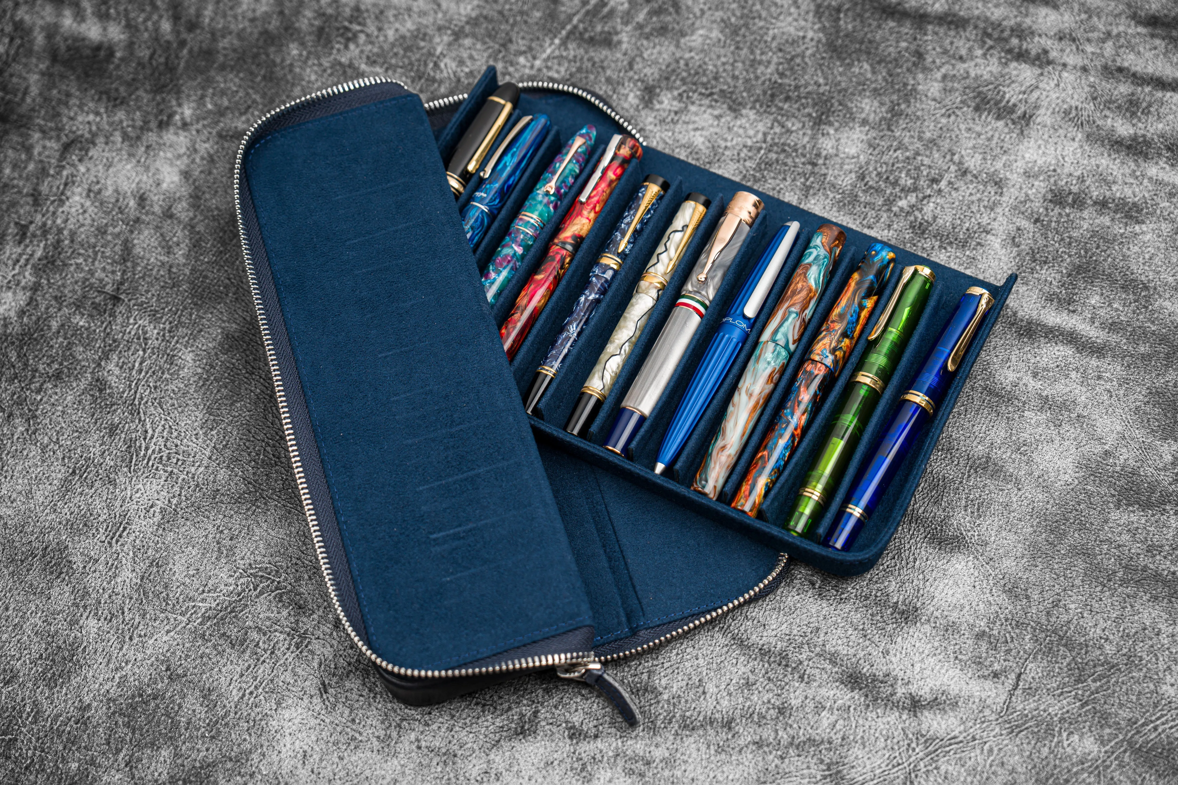 Leather Zippered Magnum Opus 12 Slots Hard Pen Case with Removable Pen Tray - Crazy Horse Navy Blue