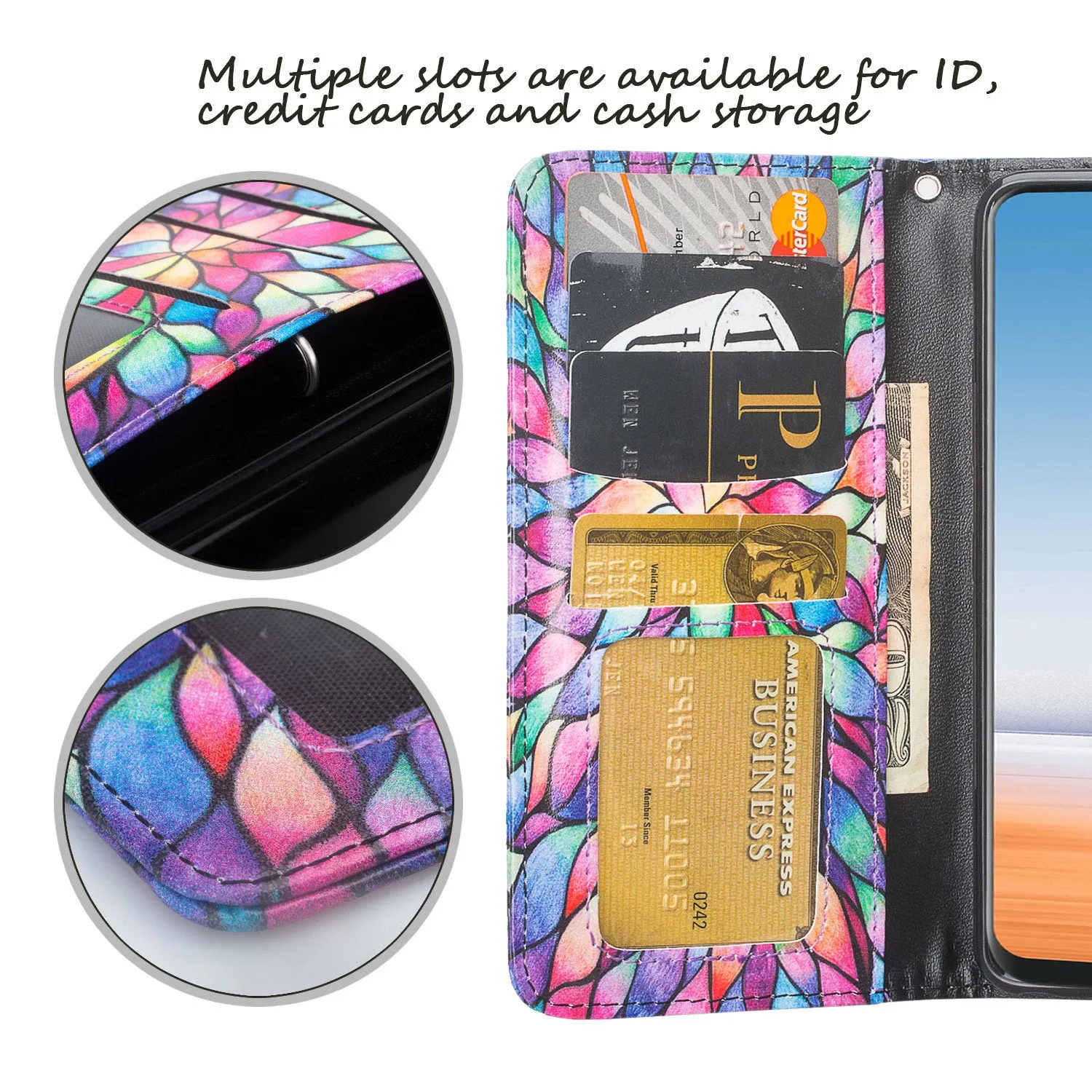 LG G7 ThinQ Case, LM-G710, G7  ThinQ Wallet Case, Wrist Strap Pu Leather Wallet Case [Kickstand] with ID & Credit Card Slots - Rainbow Flower