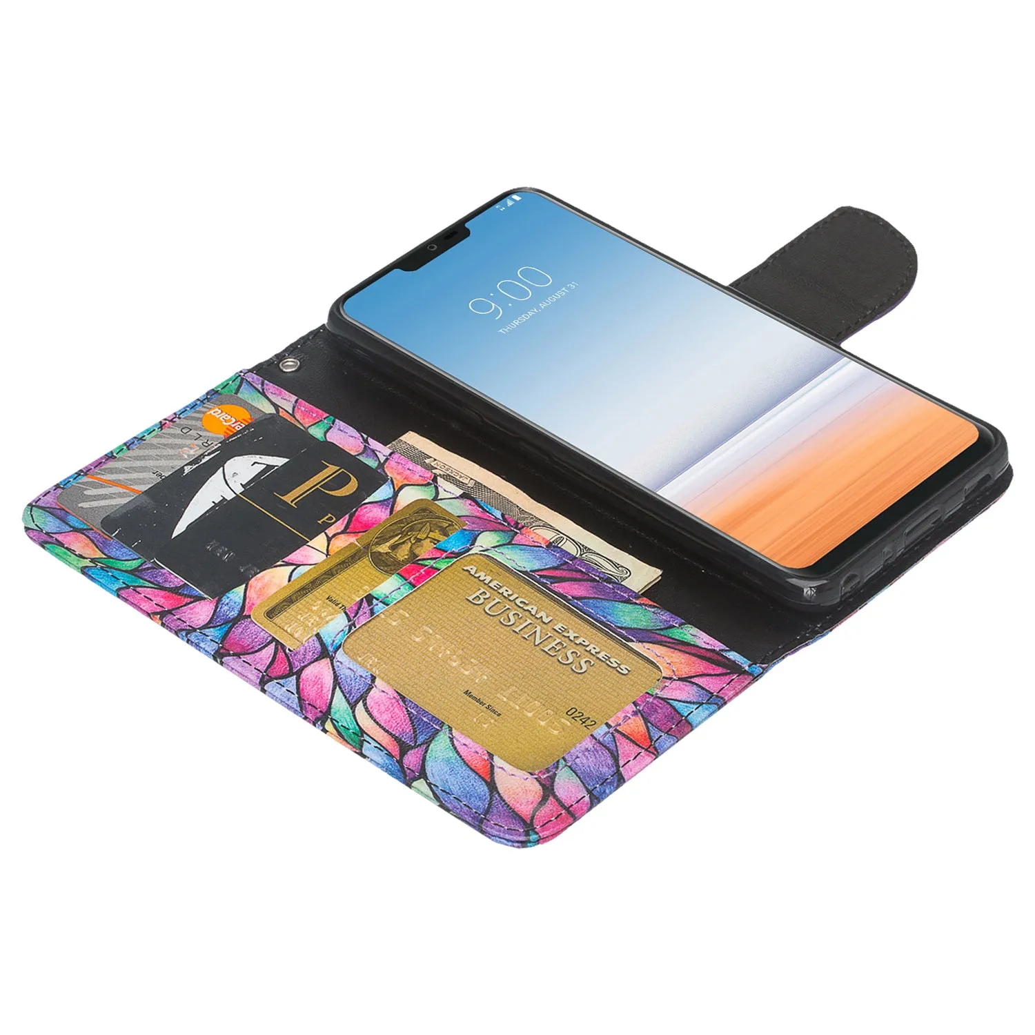 LG G7 ThinQ Case, LM-G710, G7  ThinQ Wallet Case, Wrist Strap Pu Leather Wallet Case [Kickstand] with ID & Credit Card Slots - Rainbow Flower