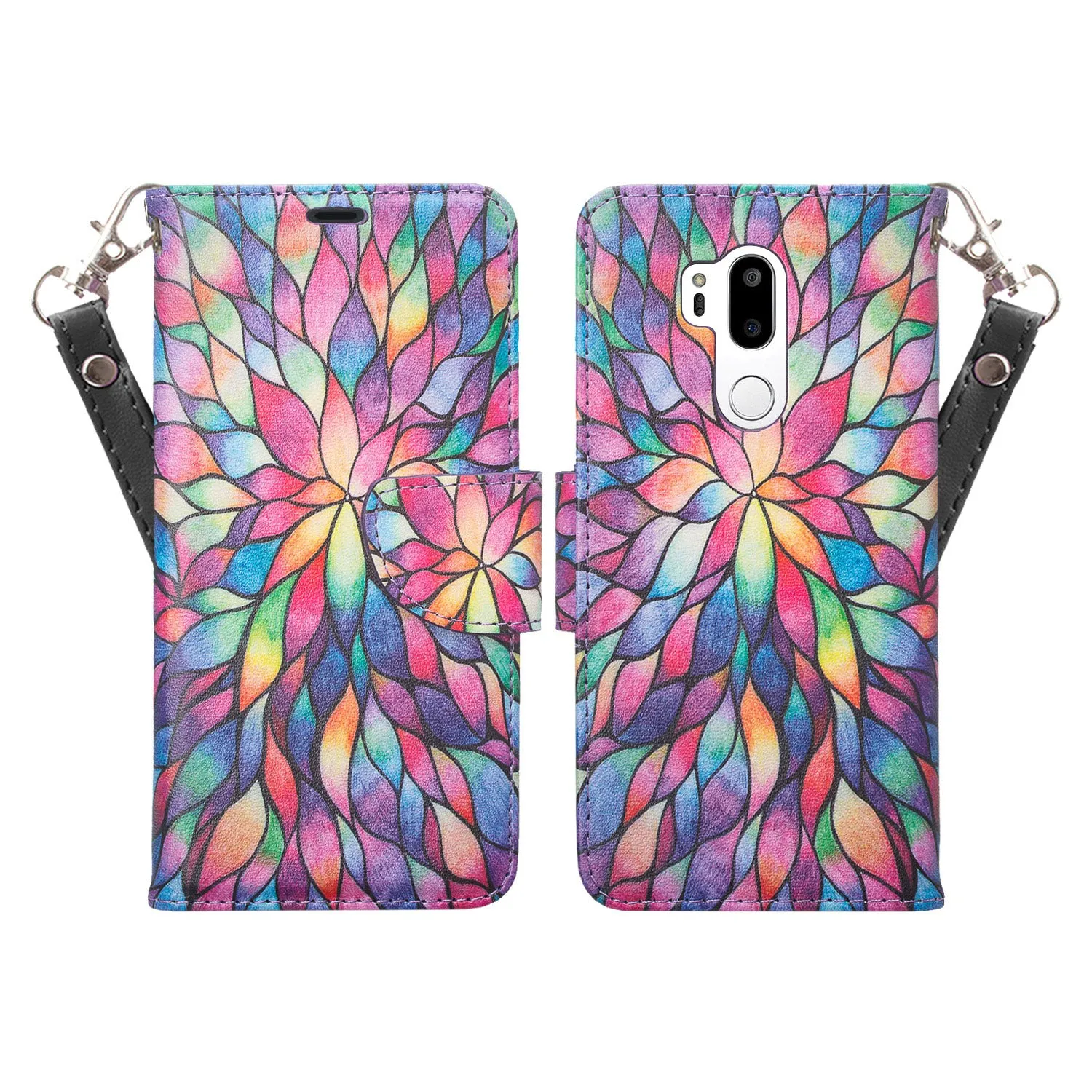 LG G7 ThinQ Case, LM-G710, G7  ThinQ Wallet Case, Wrist Strap Pu Leather Wallet Case [Kickstand] with ID & Credit Card Slots - Rainbow Flower