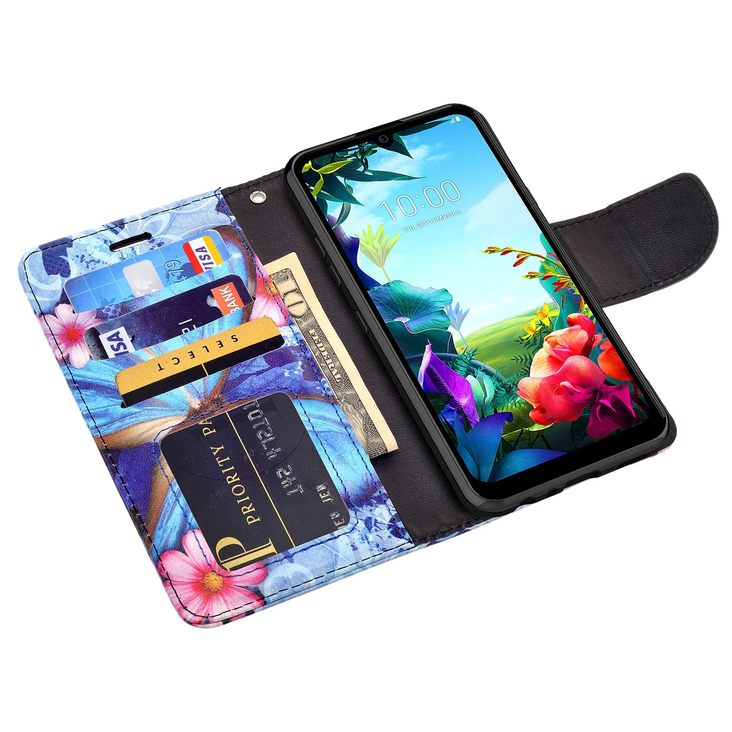 LG Harmony 4 Case, LG K40S Wallet Case, Wrist Strap Pu Leather Wallet Case [Kickstand] with ID & Credit Card Slots - Blue Butterfly