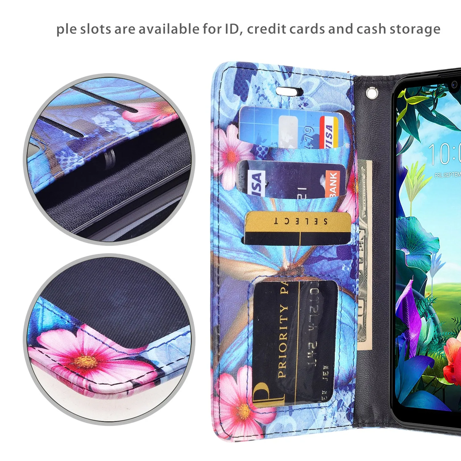 LG Harmony 4 Case, LG K40S Wallet Case, Wrist Strap Pu Leather Wallet Case [Kickstand] with ID & Credit Card Slots - Blue Butterfly