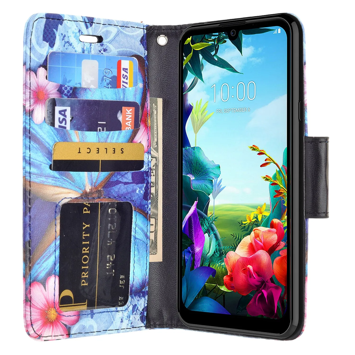 LG Harmony 4 Case, LG K40S Wallet Case, Wrist Strap Pu Leather Wallet Case [Kickstand] with ID & Credit Card Slots - Blue Butterfly