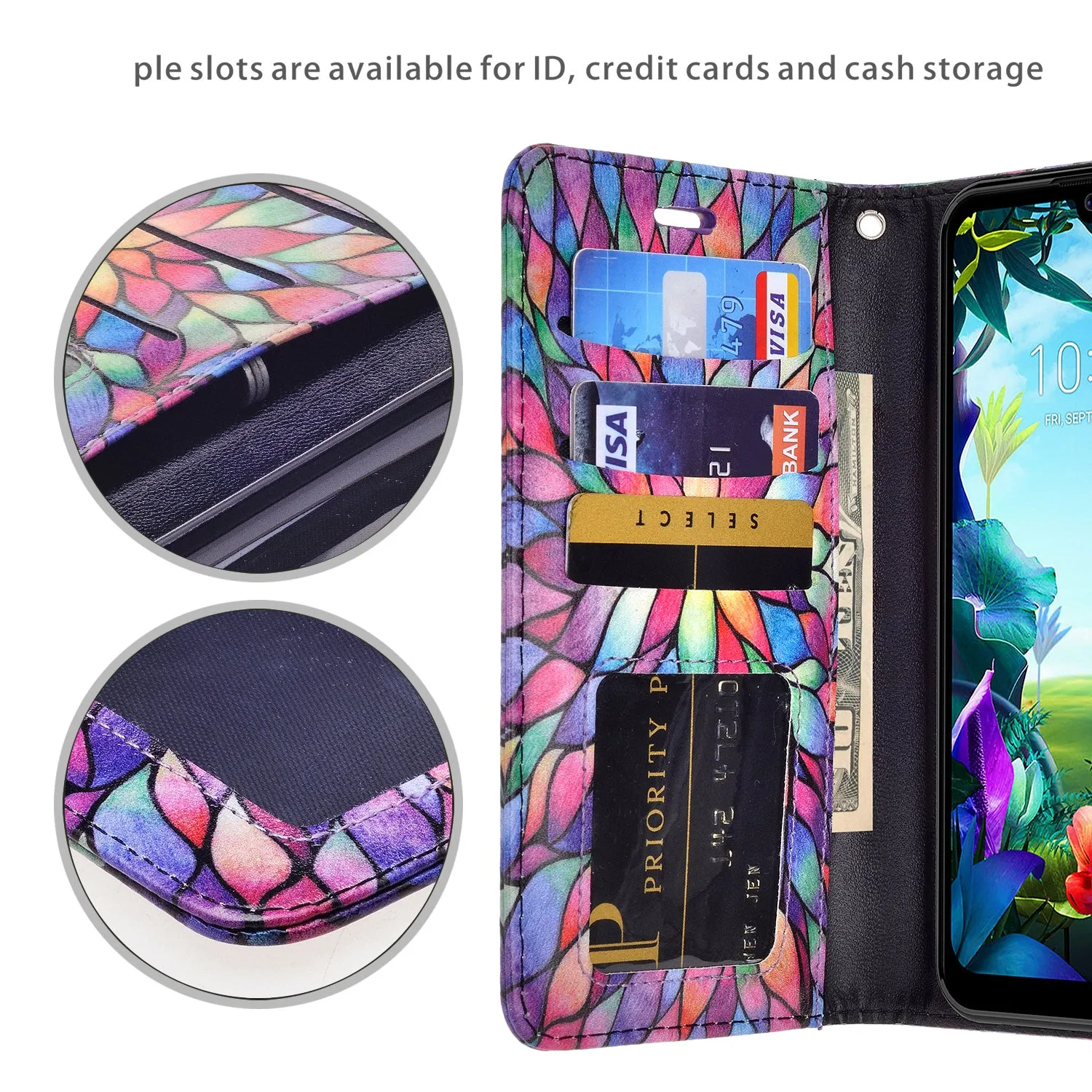 LG Harmony 4 Case, LG K40S Wallet Case, Wrist Strap Pu Leather Wallet Case [Kickstand] with ID & Credit Card Slots - Rainbow Flower