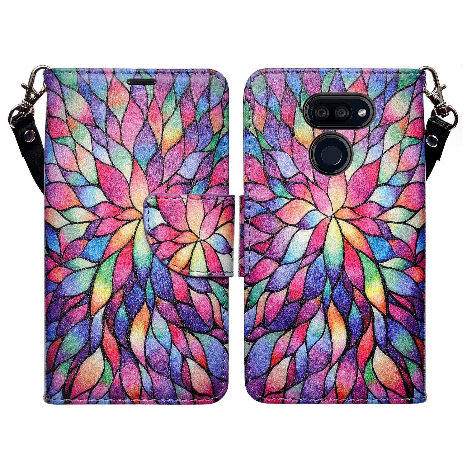 LG Harmony 4 Case, LG K40S Wallet Case, Wrist Strap Pu Leather Wallet Case [Kickstand] with ID & Credit Card Slots - Rainbow Flower