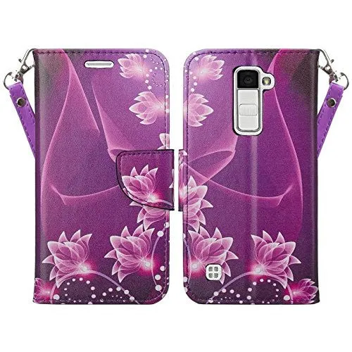 LG K10 / LG Premier LTE Case, Wrist Strap Magnetic Fold[Kickstand] Pu Leather Wallet Case with ID & Credit Card Slots - Purple Lotus