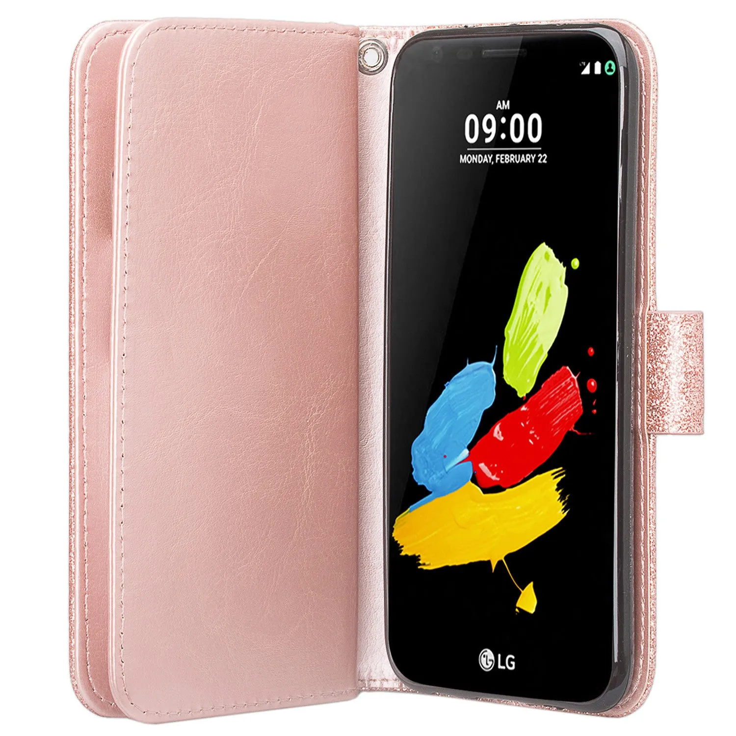 LG K20 Plus Case, LG K20 V Case, LG Harmony Case, K10 2017,  [Wrist Strap] Glitter Faux Leather Flip [Kickstand] Wallet Cover - Rose Gold