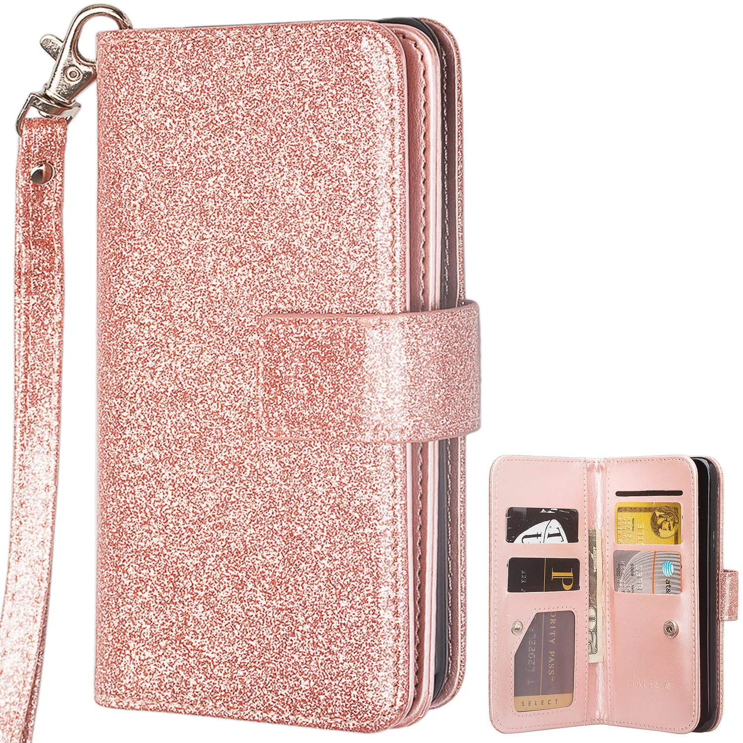 LG K20 Plus Case, LG K20 V Case, LG Harmony Case, K10 2017,  [Wrist Strap] Glitter Faux Leather Flip [Kickstand] Wallet Cover - Rose Gold