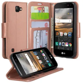 LG K3 Case, Wrist Strap Magnetic Flip Fold[Kickstand] Pu Leather Wallet Case with ID & Credit Card Slots for LG K3 - Rose Gold