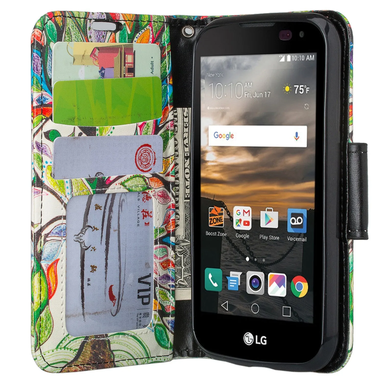 LG K3 Case,  Wrist Strap Pu Leather Magnetic Flip Fold[Kickstand] Wallet Case with ID & Card Slots for LG K3 - Colorful Tree