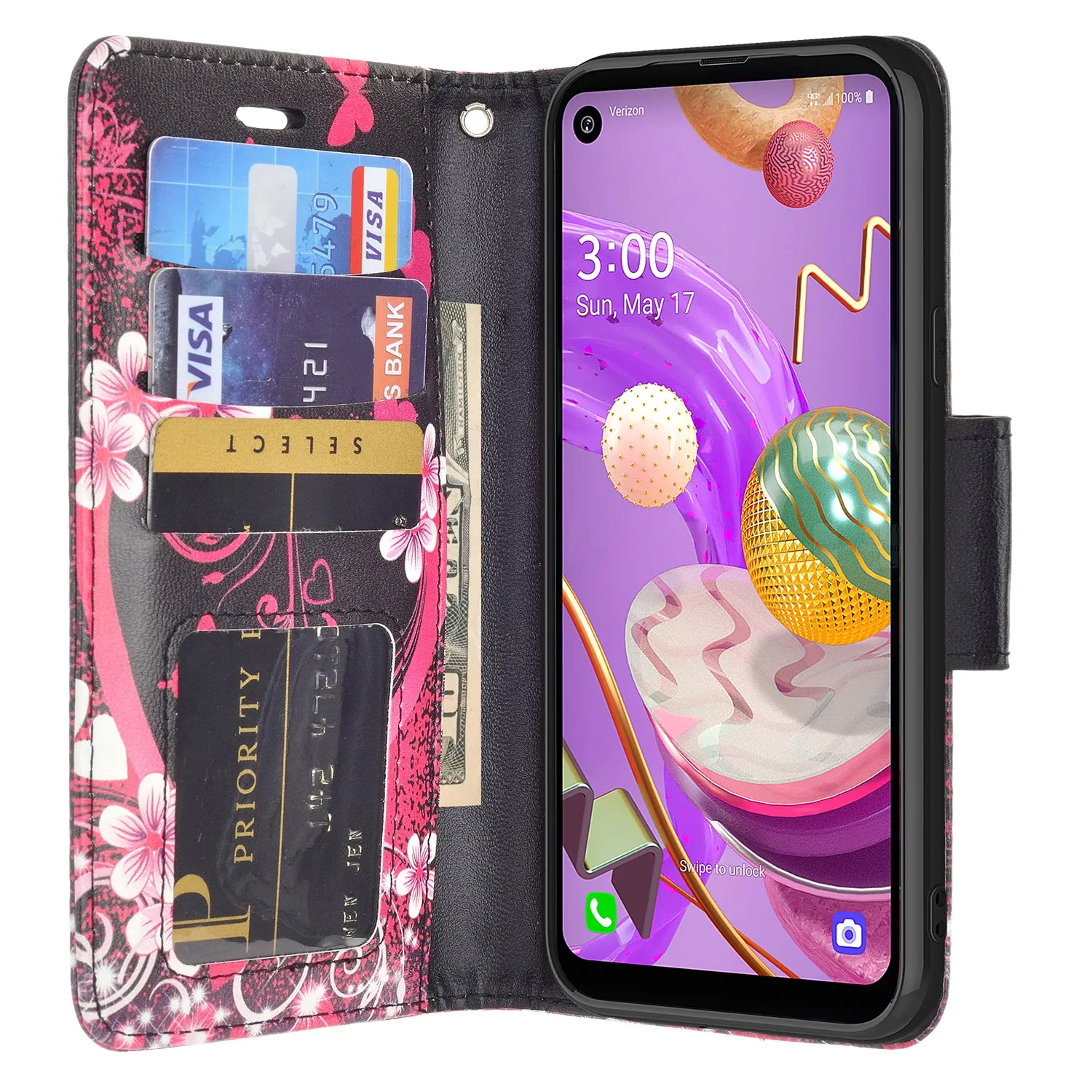 LG K51 Wallet Case, Wrist Strap Pu Leather Wallet Case [Kickstand] with ID & Credit Card Slots - Heart Butterflies