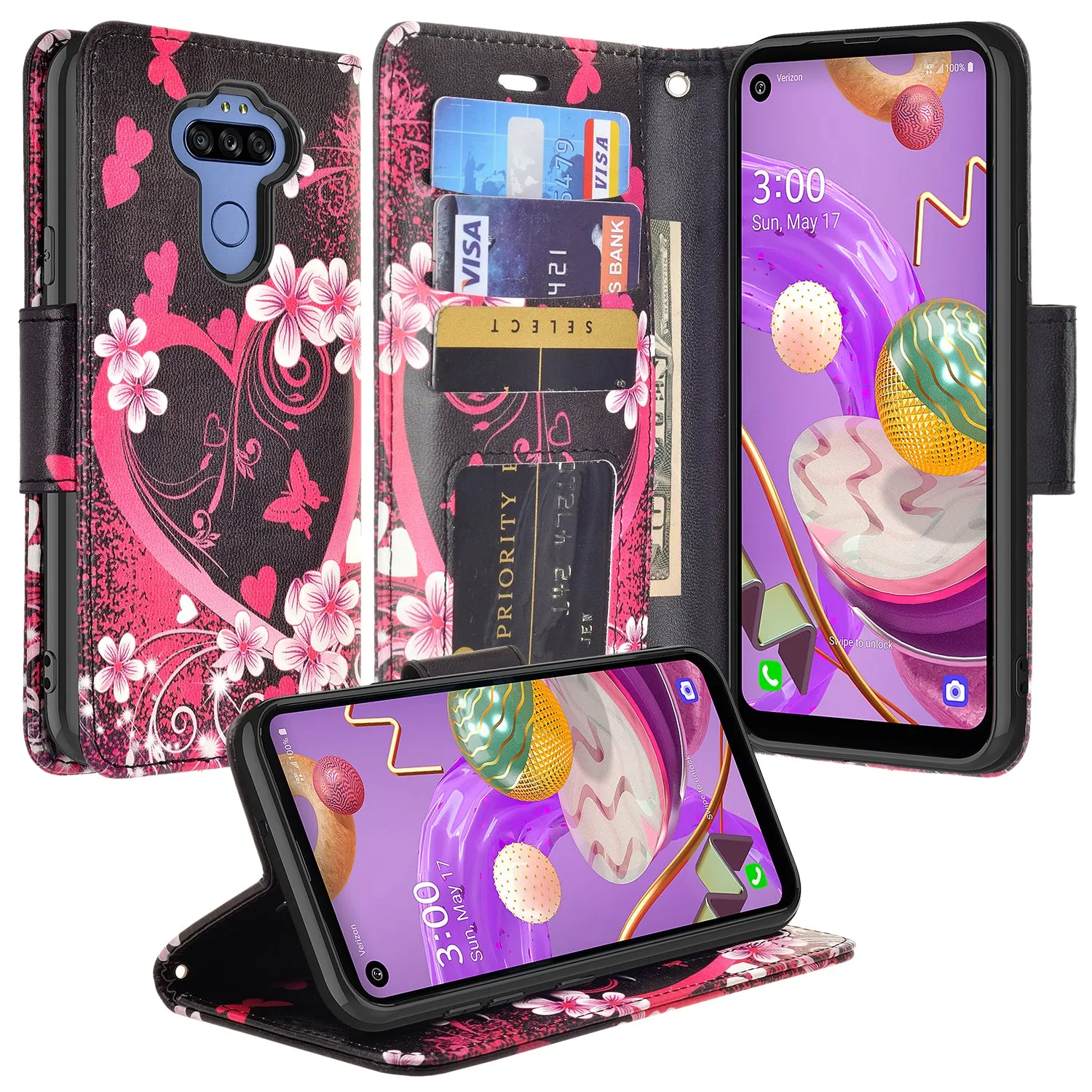 LG K51 Wallet Case, Wrist Strap Pu Leather Wallet Case [Kickstand] with ID & Credit Card Slots - Heart Butterflies