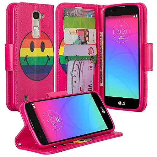 LG K7, LG Tribute 5, LG Treasure Case Wallet Case, Wrist Strap [Kickstand] Pu Leather Wallet Case with ID & Credit Card Slots - Rainbow Emoji