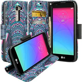 LG Leon LTE Case | Lg Tribute 2 Case | LG Power | LG Sunset | LG Destiny | LG Risio Case, Wallet Case, Wrist Strap [Kickstand] Pu Leather Wallet Case with ID & Credit Card Slots - Tribal Elephant