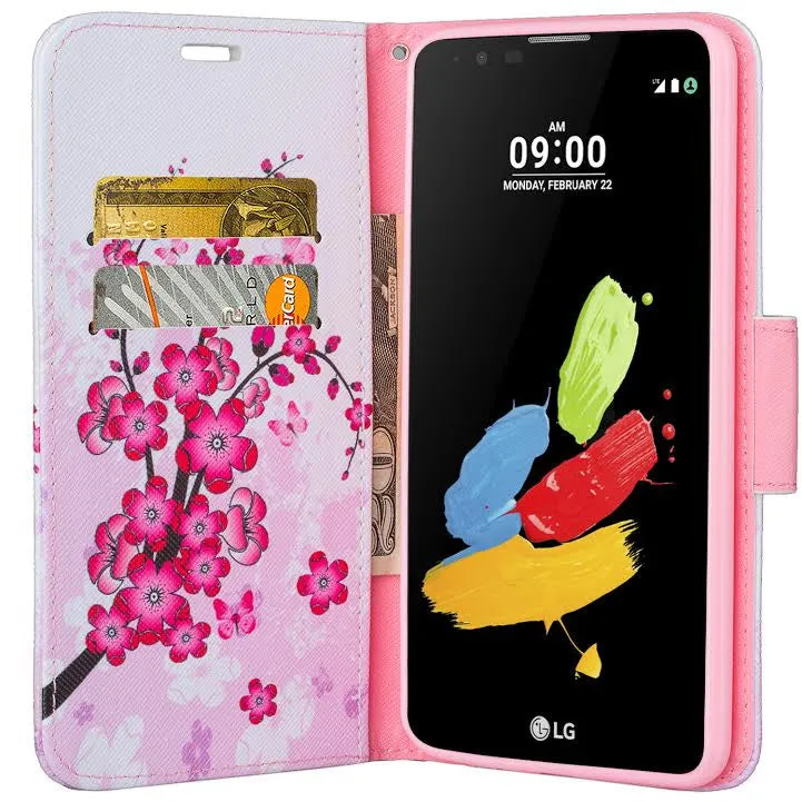 LG Stylo 2 Case, LG Stylo 2 V Wallet Case [Kickstand] Pu Leather Wrist Strap Wallet Case w/ ID & Card Slots & Pocket - Cherry Blossom