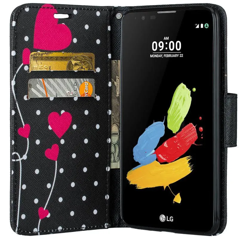 LG Stylo 2 Plus Case, LG Stylo 2 Plus Wallet Case [Kickstand] Pu Leather Wrist Strap Wallet Case w/ ID & Card Slots & Pocket - Polka Dot Hearts