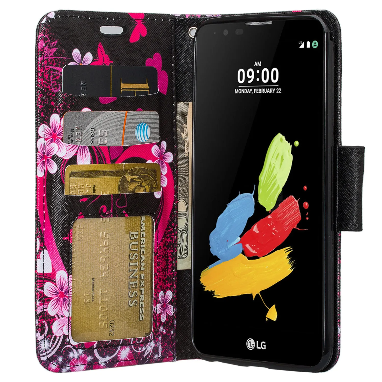 LG Stylo 3 Case, LG Stylo 3 Plus Wallet Case, Wrist Strap Magnetic Fold [Kickstand] Slim Pu Leather Wallet Case with ID & Card Slots for Stylo 3 / Stylo 3 Plus - Heart Butterflies