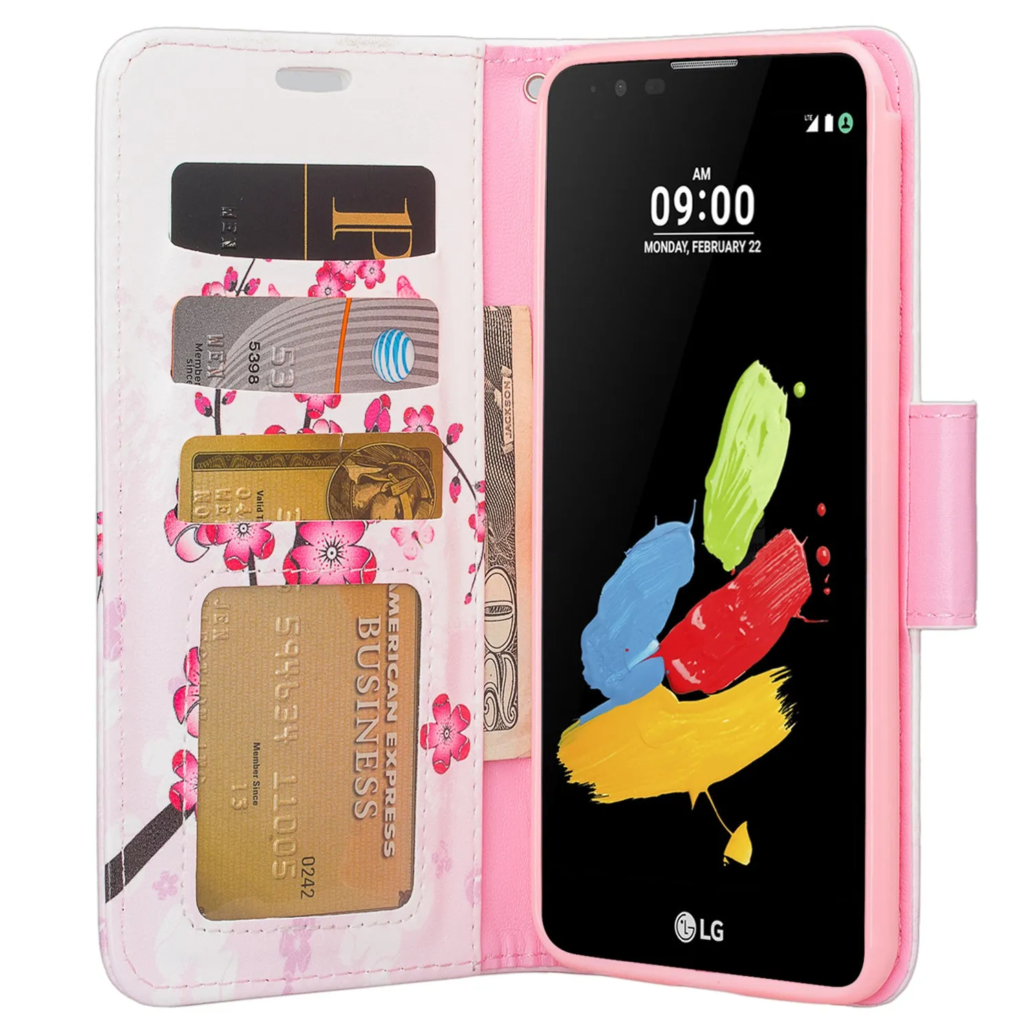 LG Stylo 3 Case, LG Stylus 3 Wrist Strap Pu Leather Magnetic Flip Fold[Kickstand] Wallet Case with ID & Card Slots - Cherry Blossom