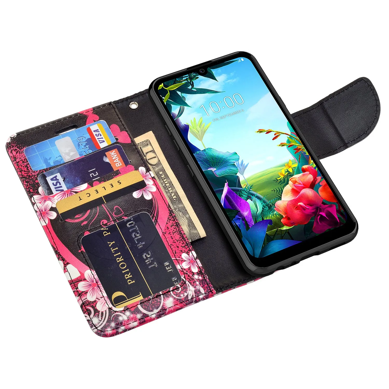 LG Stylo 6 Case, Stylo 6 Wallet Case, Wrist Strap Pu Leather Wallet Case [Kickstand] with ID & Credit Card Slots - Heart Butterflies