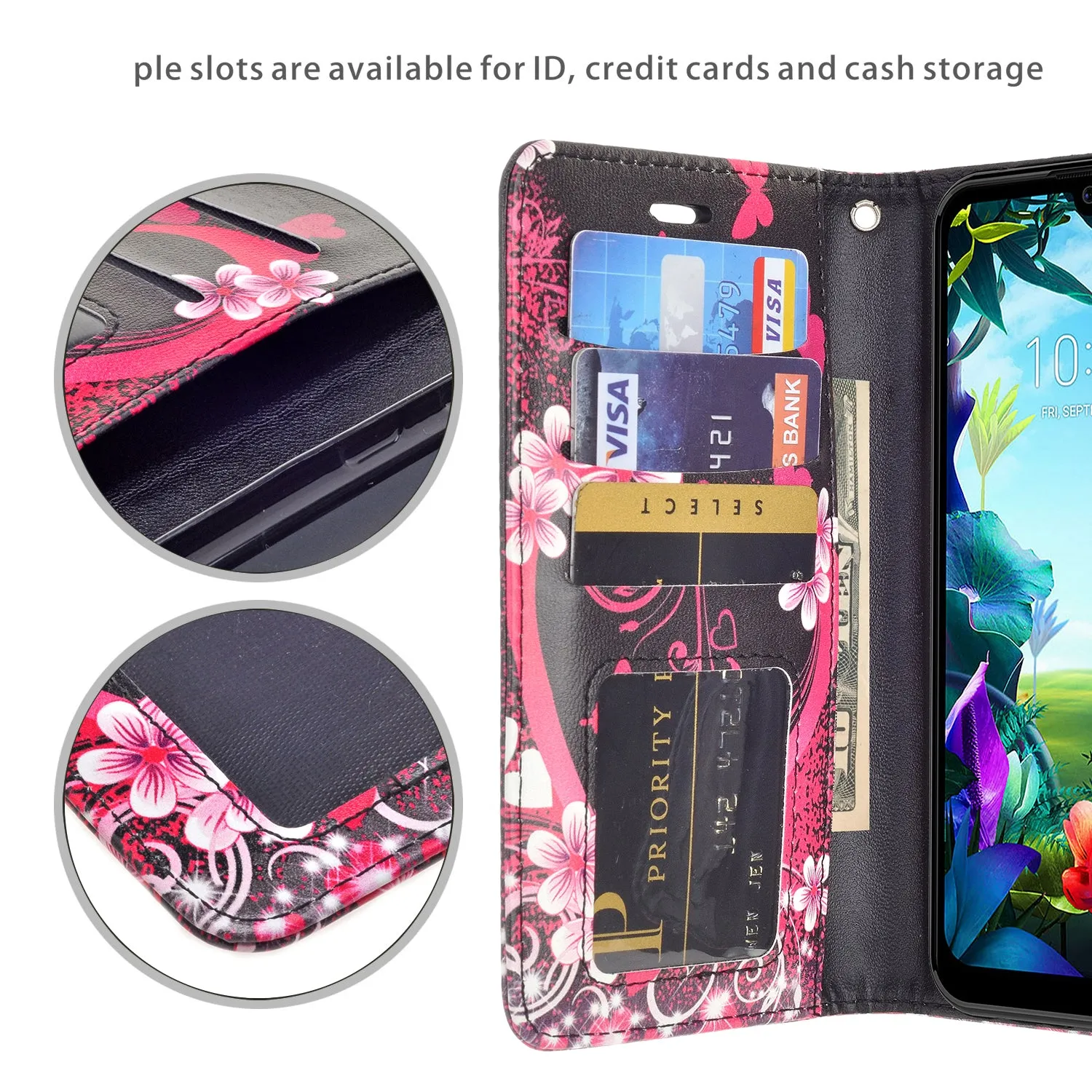 LG Stylo 6 Case, Stylo 6 Wallet Case, Wrist Strap Pu Leather Wallet Case [Kickstand] with ID & Credit Card Slots - Heart Butterflies