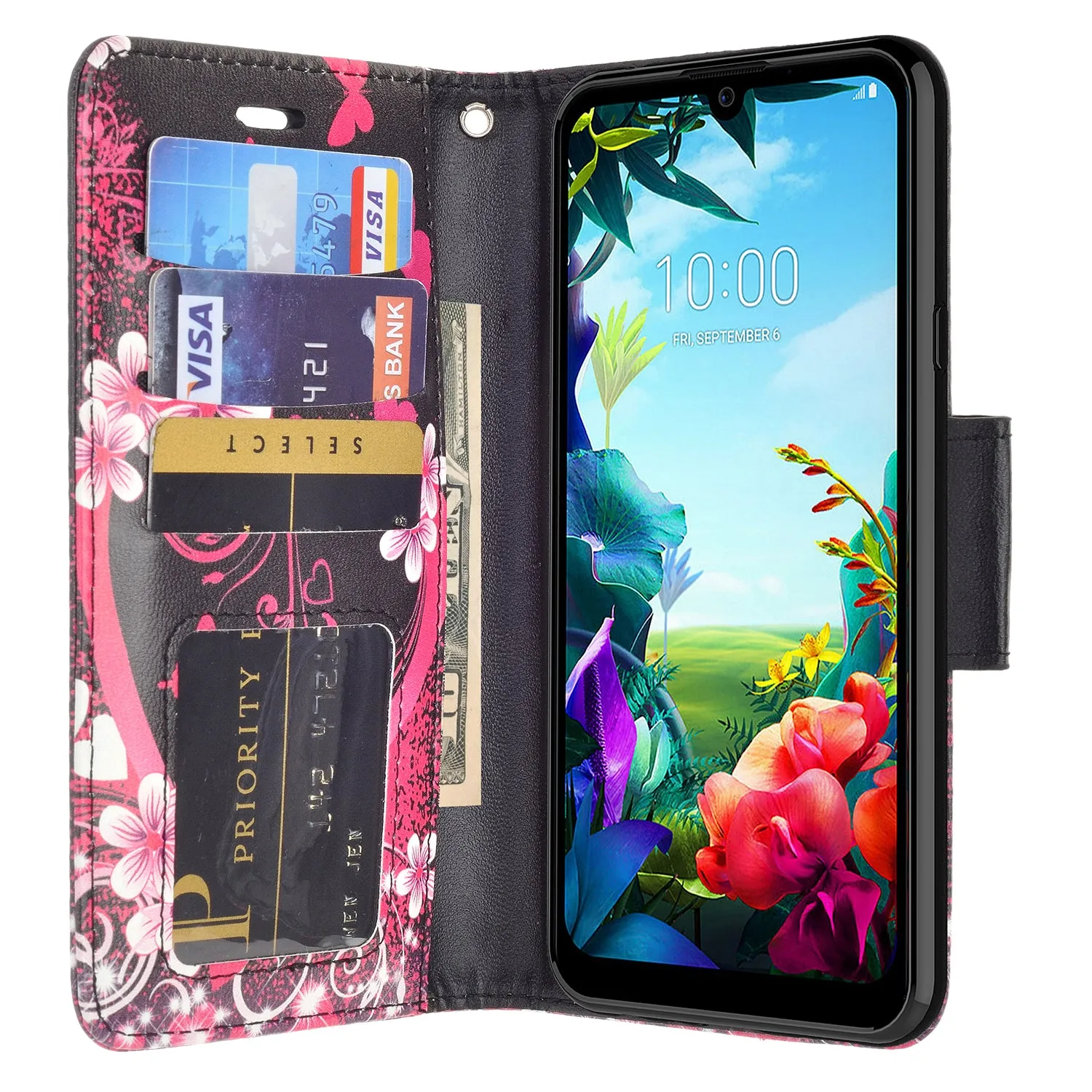 LG Stylo 6 Case, Stylo 6 Wallet Case, Wrist Strap Pu Leather Wallet Case [Kickstand] with ID & Credit Card Slots - Heart Butterflies