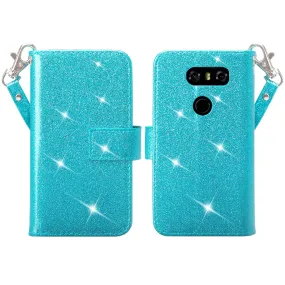 LG V30 Case, V30 Plus, [Wrist Strap] Glitter Faux Leather Flip [Kickstand Feature] Protective Wallet Wristlet Cover - Teal