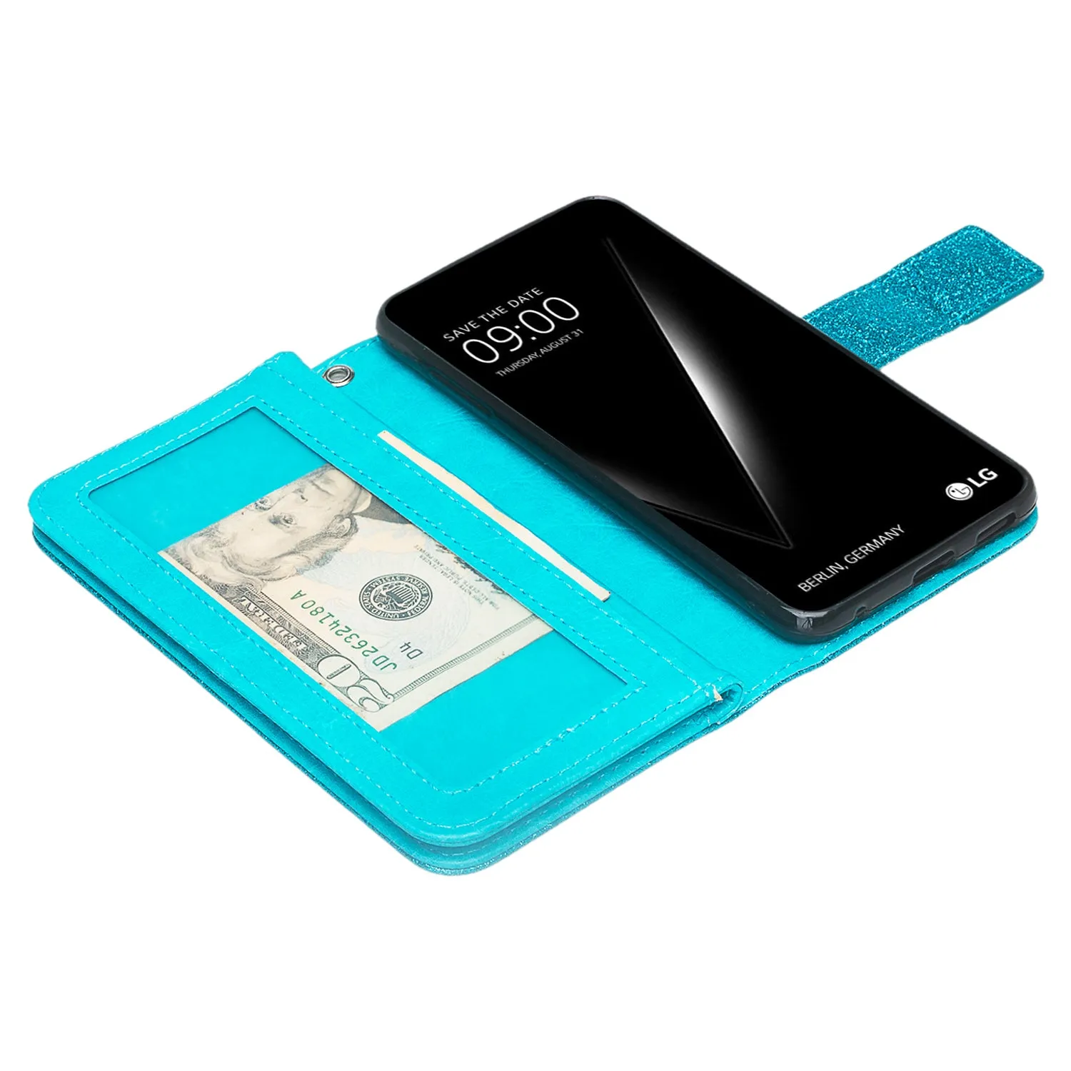 LG V30 Case, V30 Plus, [Wrist Strap] Glitter Faux Leather Flip [Kickstand Feature] Protective Wallet Wristlet Cover - Teal