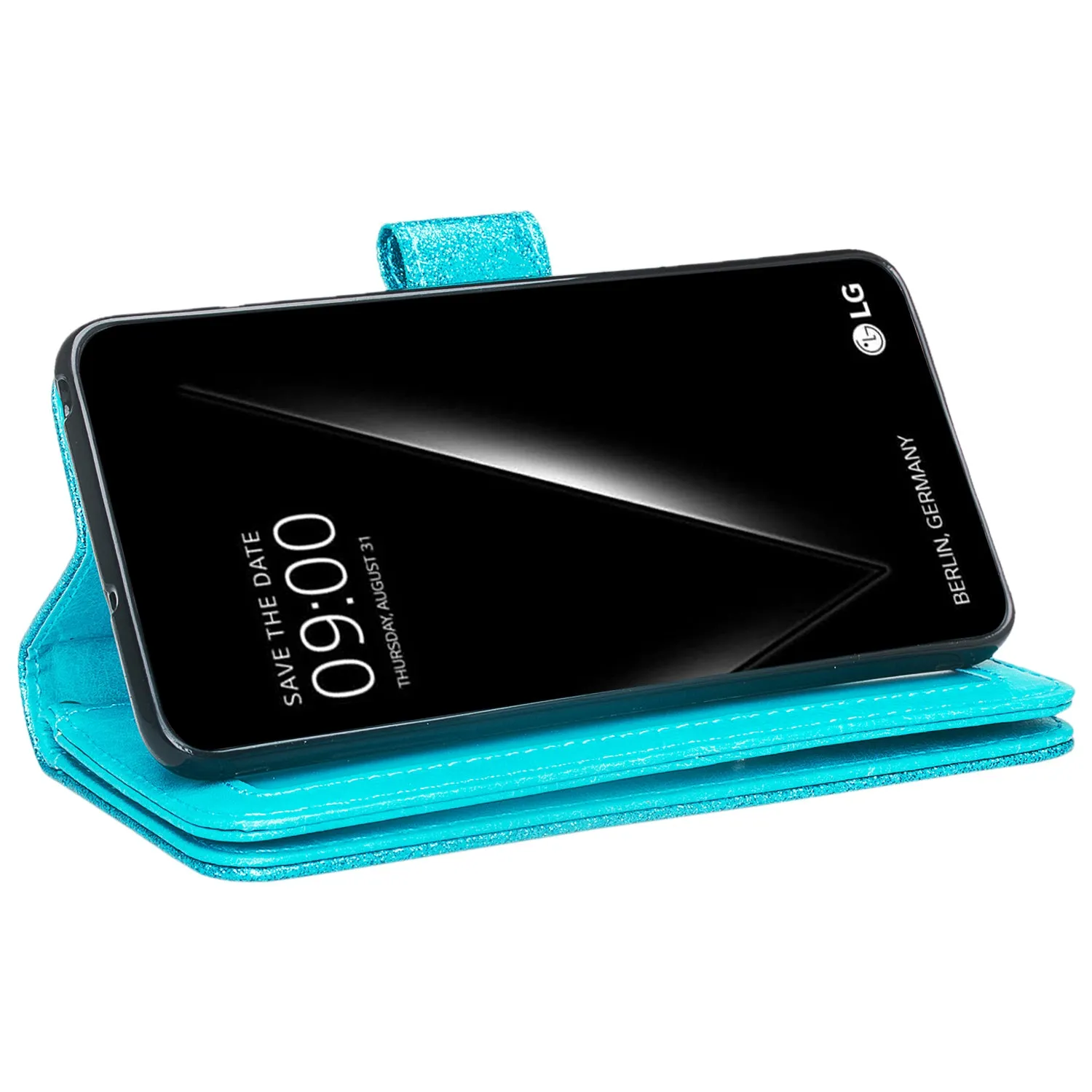 LG V30 Case, V30 Plus, [Wrist Strap] Glitter Faux Leather Flip [Kickstand Feature] Protective Wallet Wristlet Cover - Teal