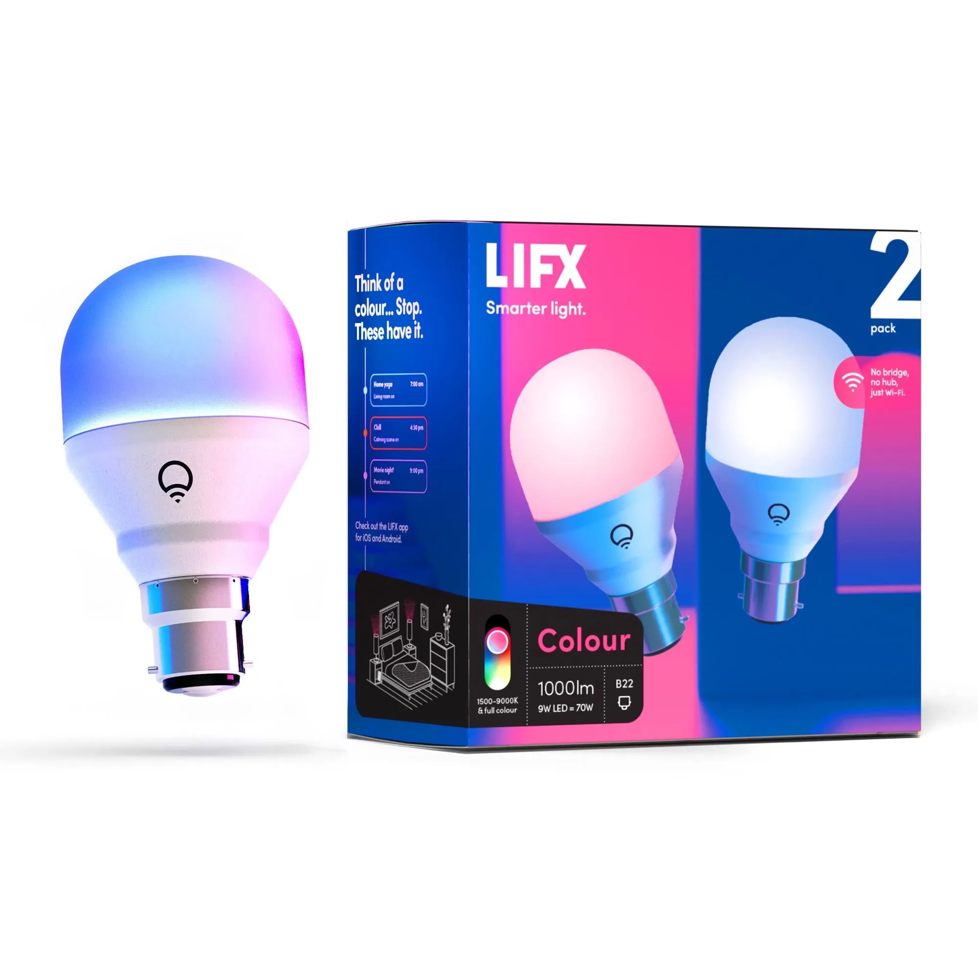 LIFX Colour A60 1000lm B22 Smart Bulb (2 Pack)