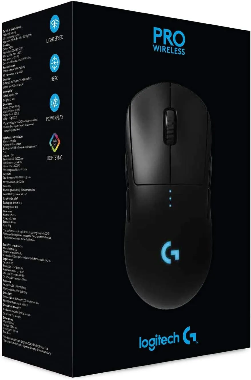 Logitech G PRO Wireless Gaming Mouse, HERO 25K Sensor, 25,600 DPI, RGB, Ultra Lightweight, 4-8 Programmable Buttons, POWERPLAY-Compatible, UK Packaging - Black