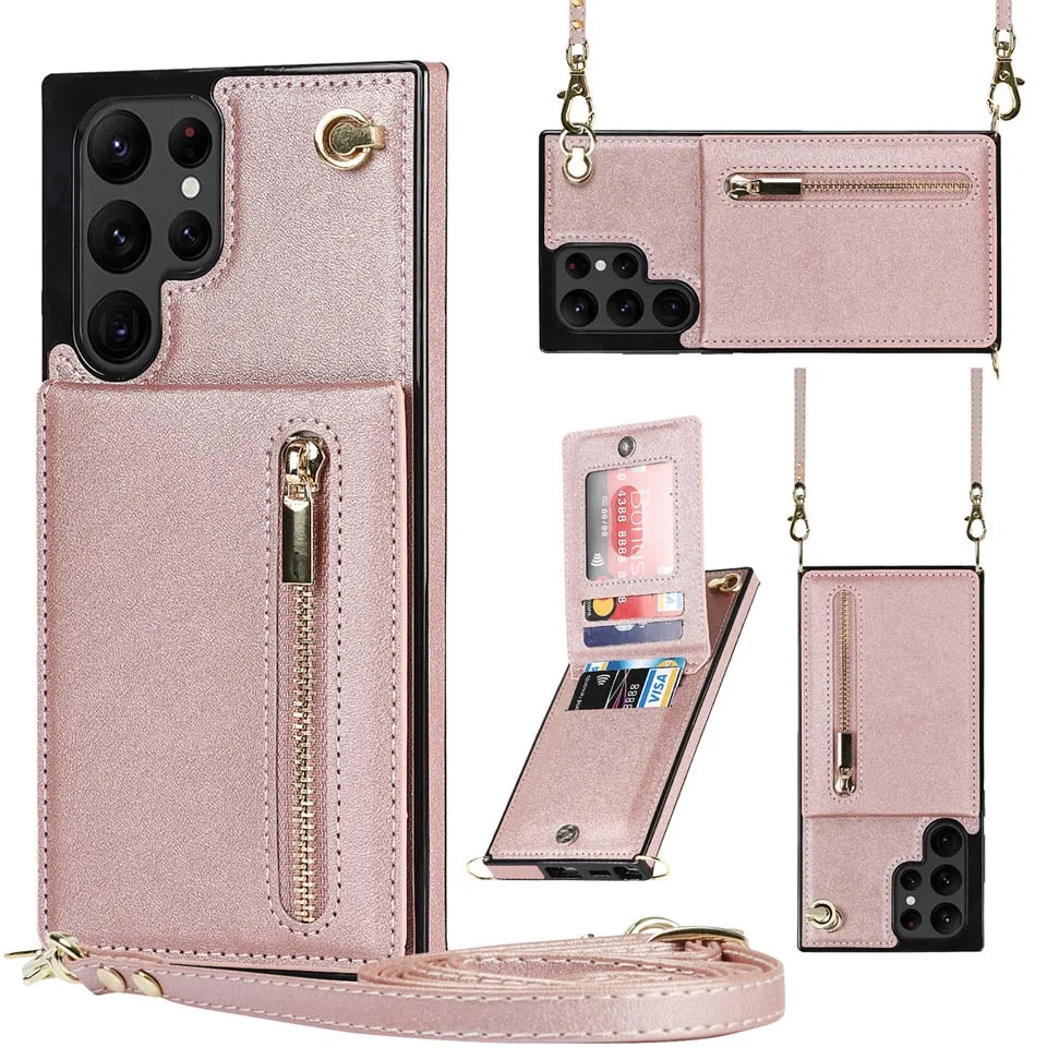 Luxury Leather Zipper Wallet Card Strap Case For Samsung Galaxy S23 S22 S21