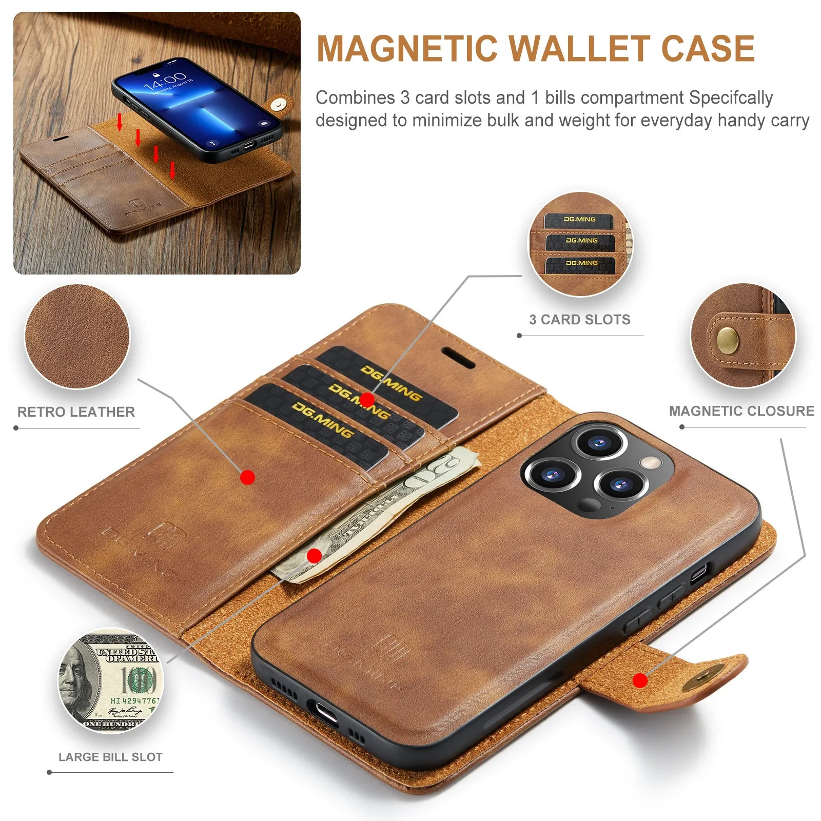 Magnetic Card Pocket Clip Flip Leather Phone Case For iPhone