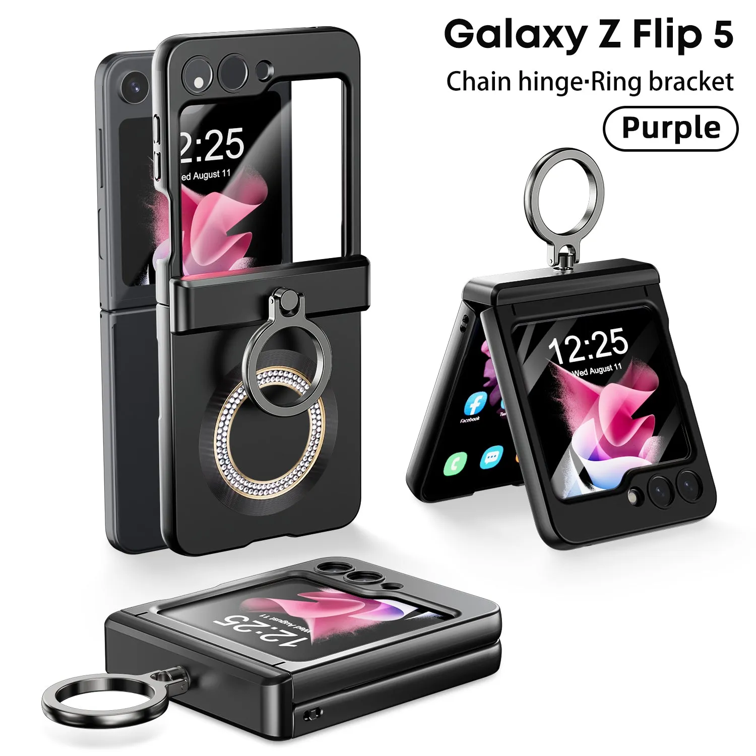 Magnetic Steel Wire Hinge Rhinestone Phone Case with Ring Bracket For Samsung Galaxy Z Flip 5