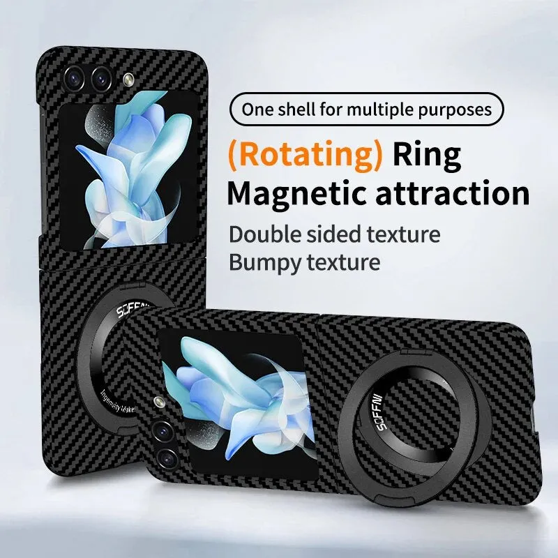 Magntic Suction Rotating Ring Bracket Carbon Fiber Phone Cover For Samsung Galaxy Z Flip 5 4