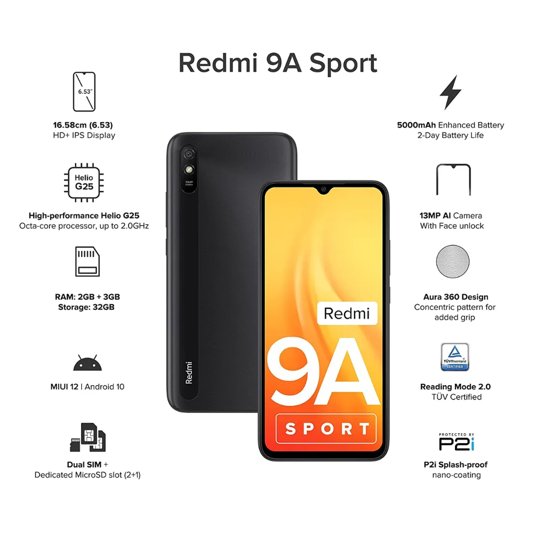 MI Redmi 9A Sport Mobile Phone Carbon Black, 2GB RAM, 32GB Storage