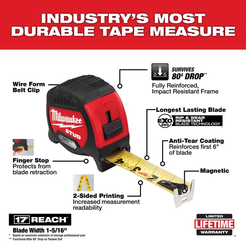 Milwaukee Stud 25 ft. L X 1-5/16 in. W Magnetic Tape Measure 1 pk