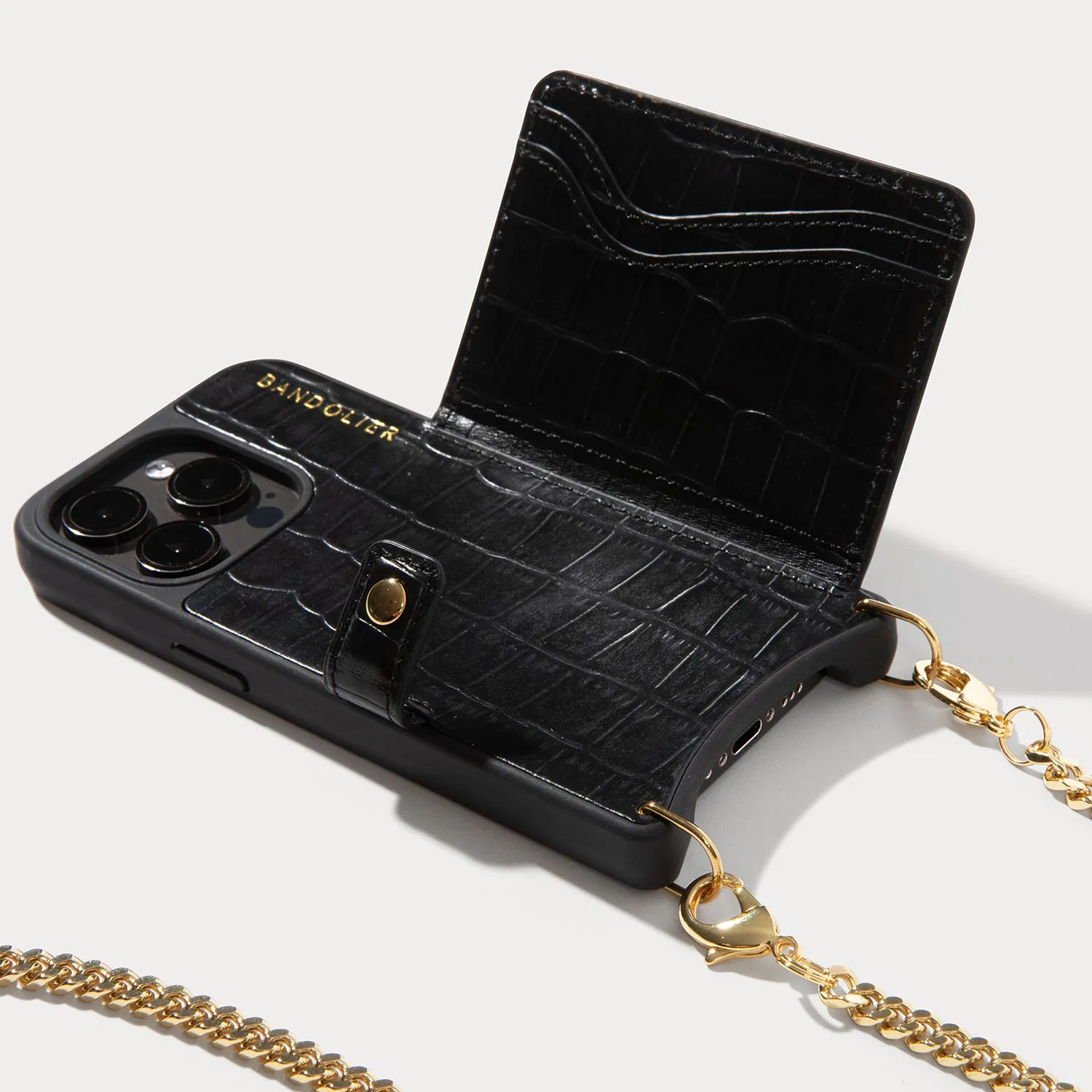 Mona MagSafe Charging Crossbody Bandolier - Black Croc/Gold